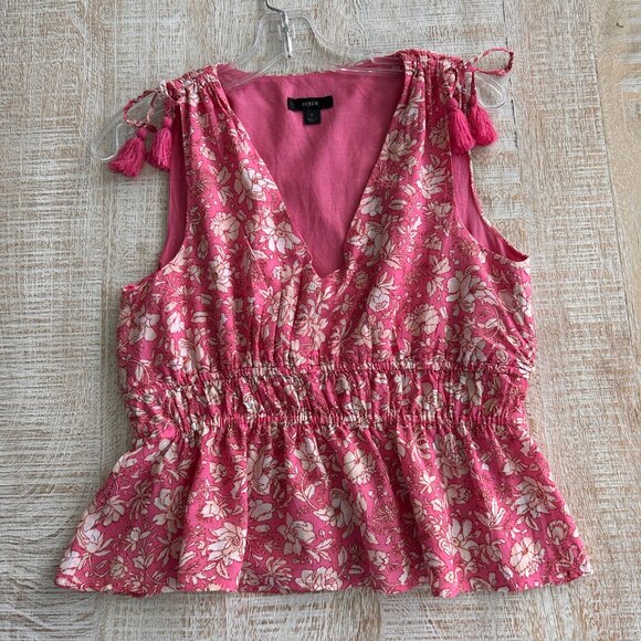 J. Crew V-Neck Voile Tassels Gathered Waist Pink/Ivory Floral Blouse/Top Small - Picture 10 of 10